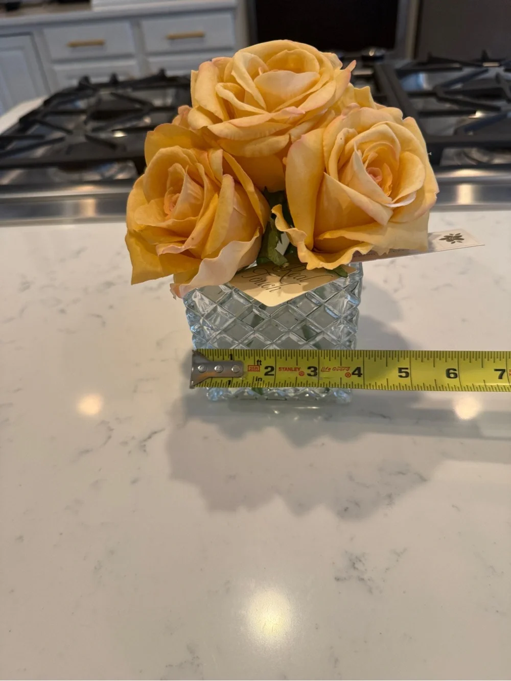 Ella Lux Real Touch Yellow Rose Floral Arrangement Glass Cube Vase Faux Flowers